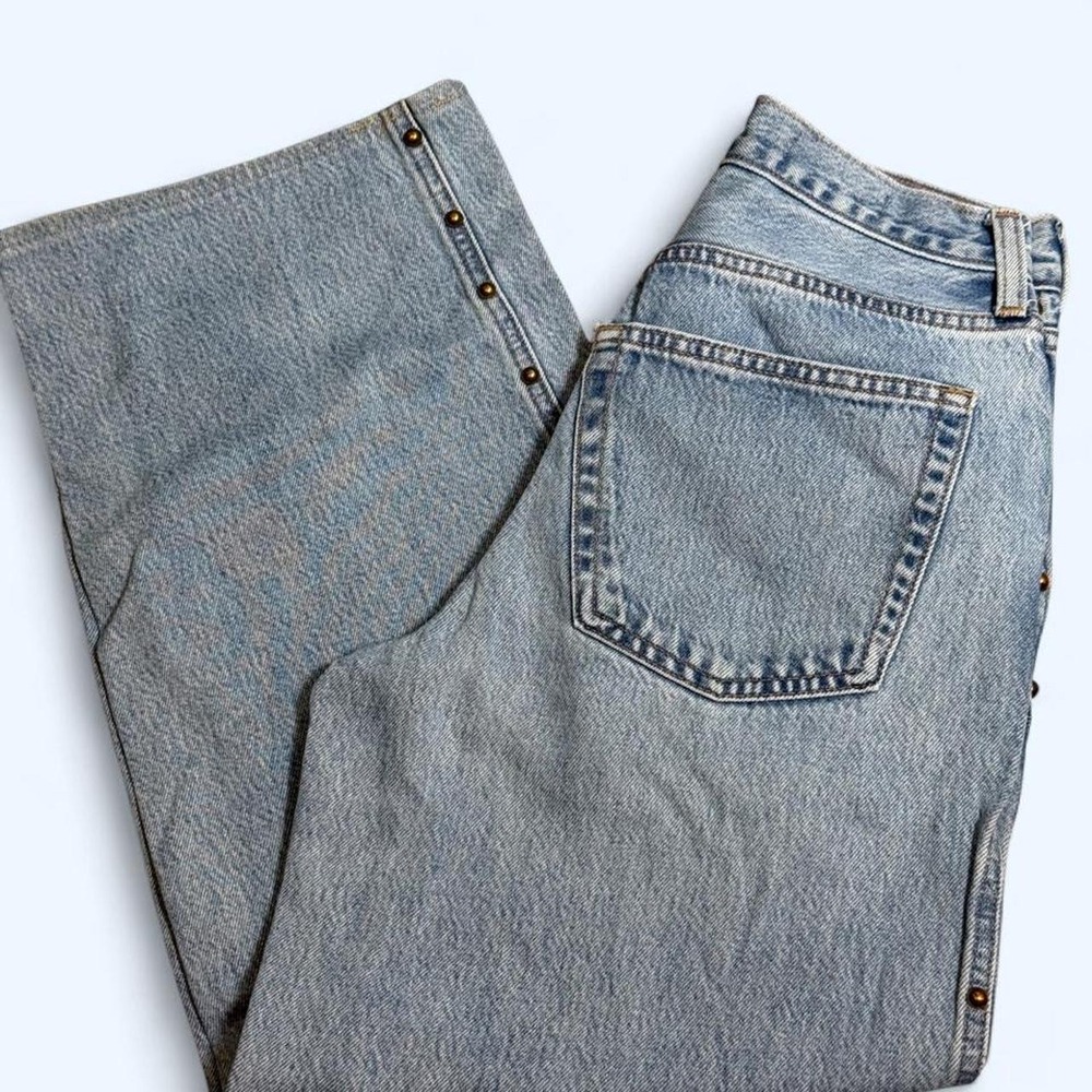 90s Baggy Mid Rise Light Wash Denim Jeans w/ Studded Hemlines Grunge Western